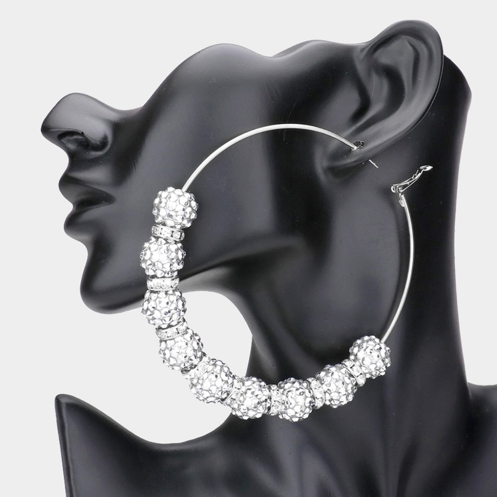 Silver Shamballa 3.8" Disco Beads Hoop Earrings Cute Fashion Statement Jewelry